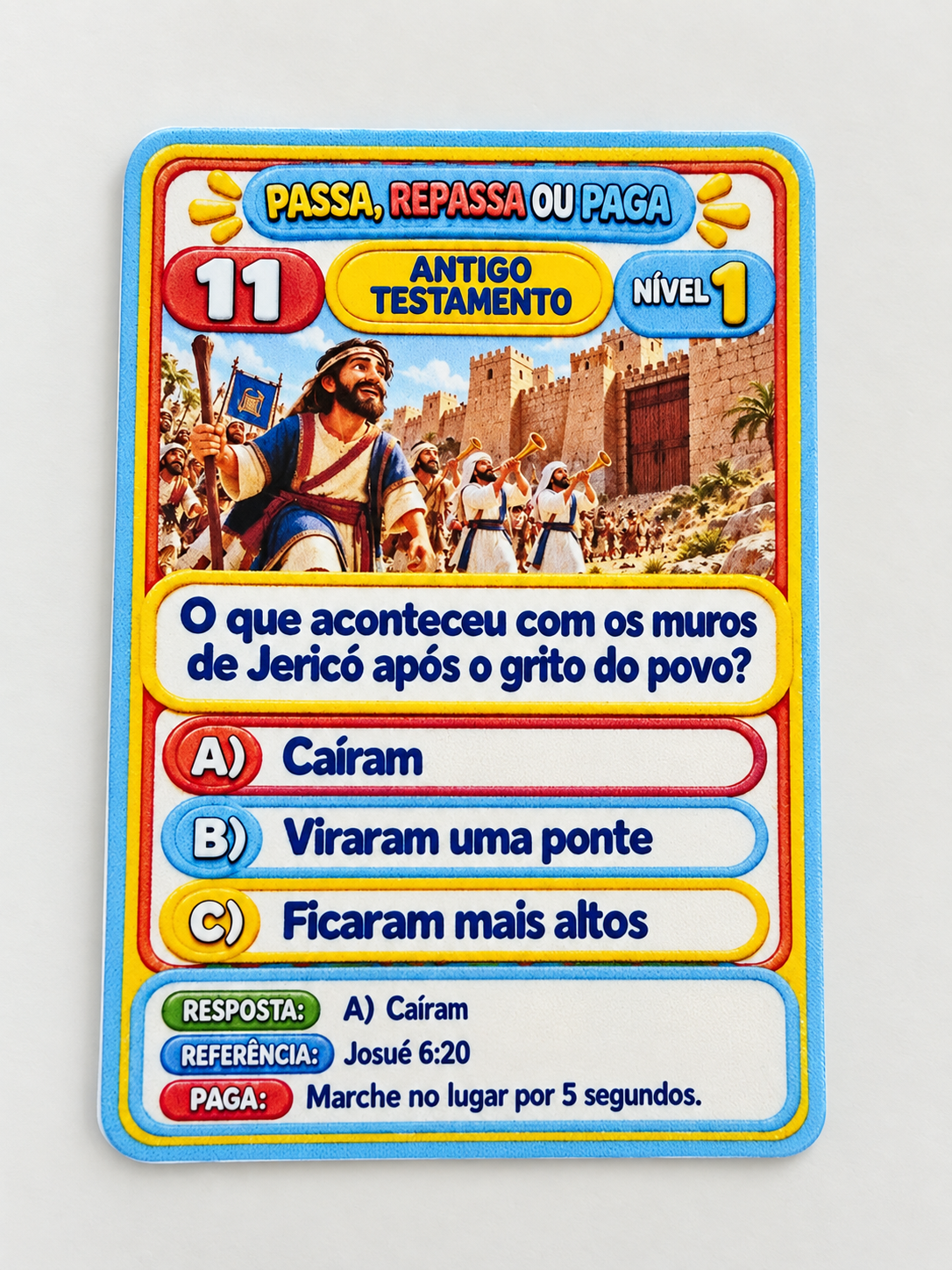 Carta de pergunta sobre os muros de Jericó, com as três opções, a resposta, a referência e a prenda do Paga