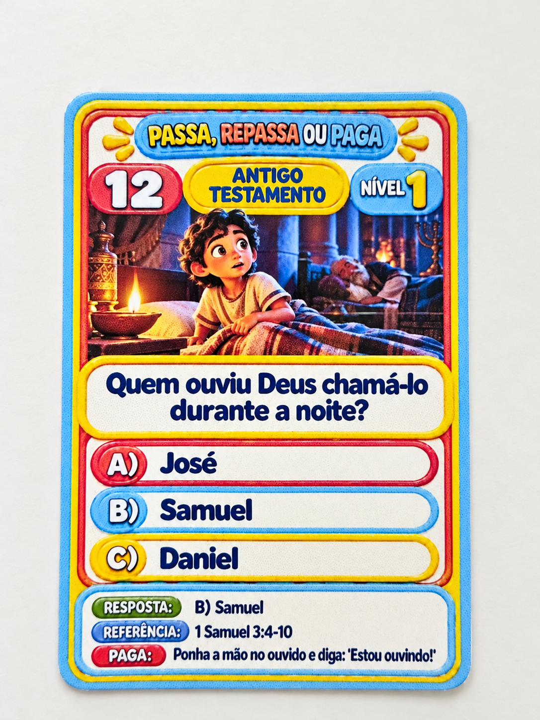 Carta do jogo com pergunta do Antigo Testamento, três opções, resposta e referência