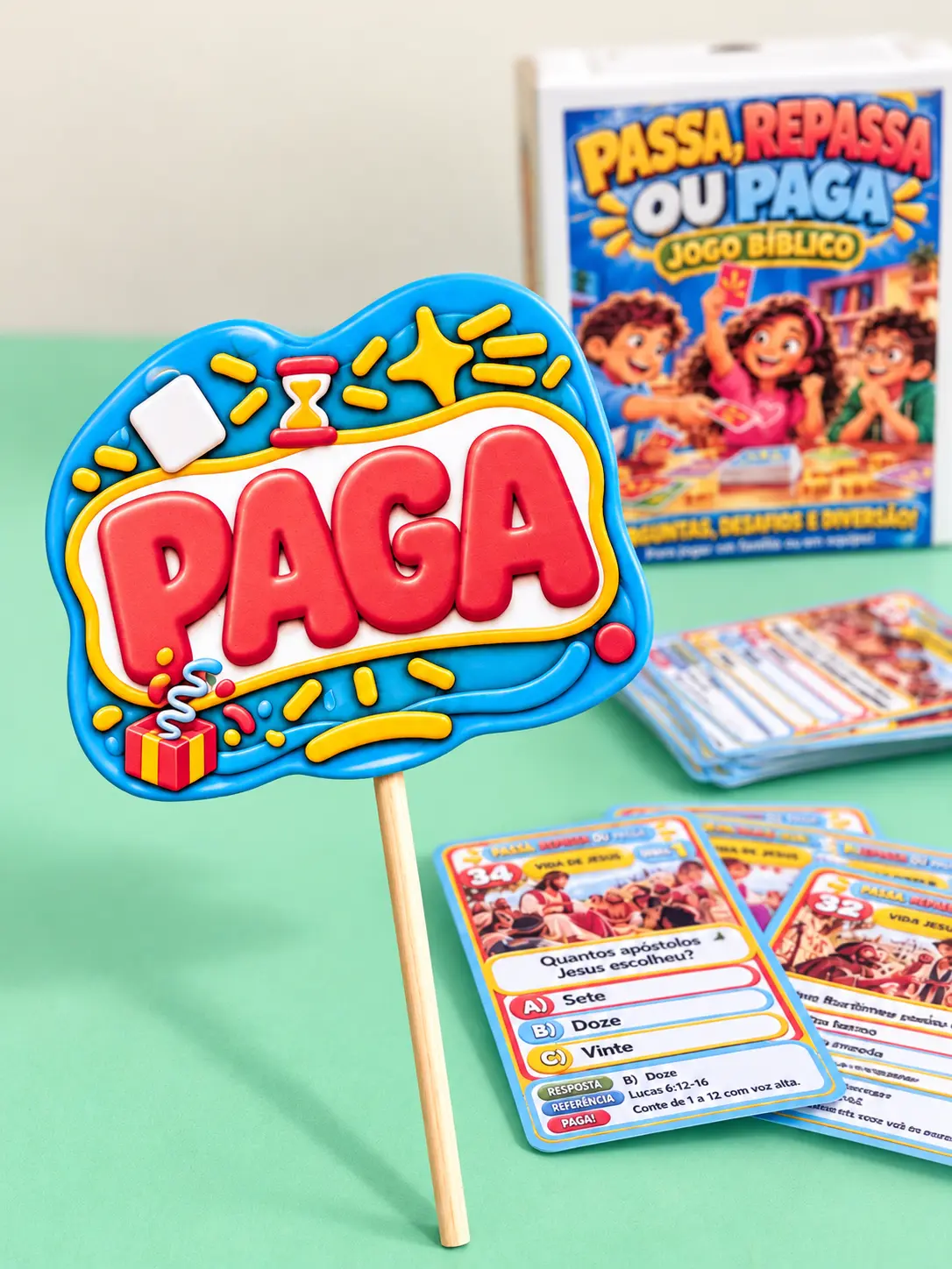 Plaquinha Paga em pé ao lado da pilha de cartas e da caixa do jogo